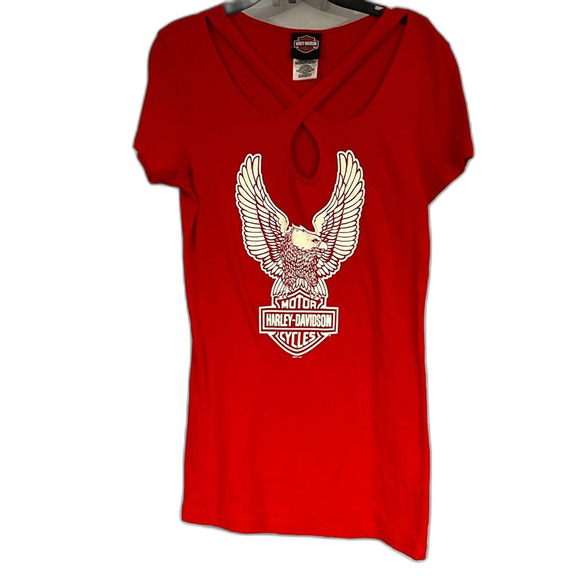 Harley Davidson 2011 Criss Cross Red Tee Shirt Size Medium “Ocean State” - Picture 1 of 7